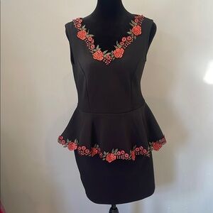 Black Dress with Red Floral Embroidery